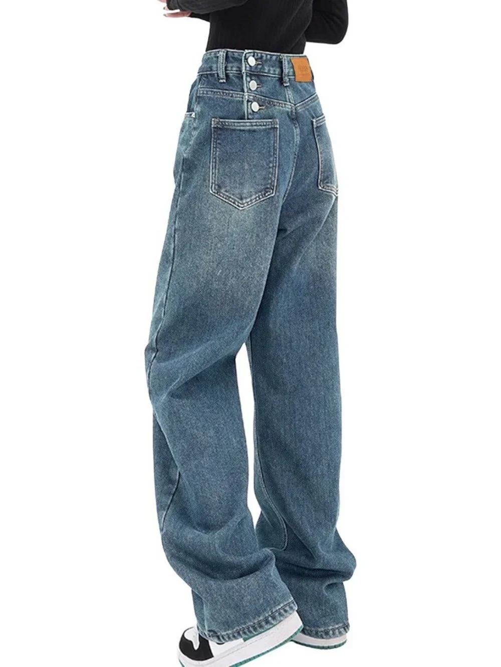 Women's Blue Denim Y2k Straight Leg Button Zipper High Waisted Baggy Jean